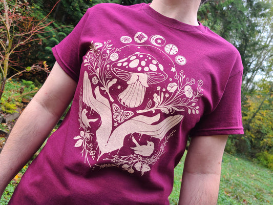Dark Botanical Mushroom Shirt in Maroon