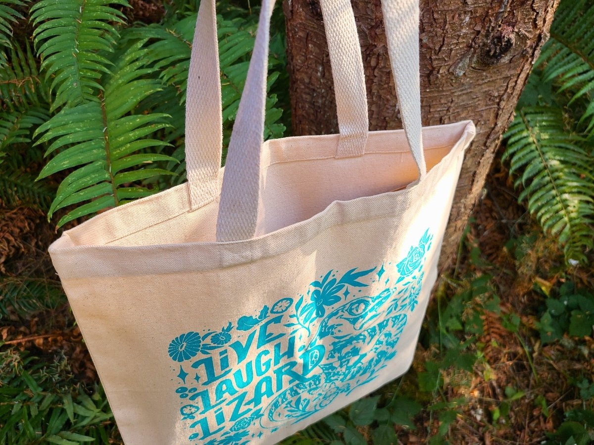 Live Laugh Lizard Tote: Funny Reptile Canvas Bag β Gift for Lizard Lovers β Cream Tote Bag with Peacock Blue Ink β 15x15 Inches