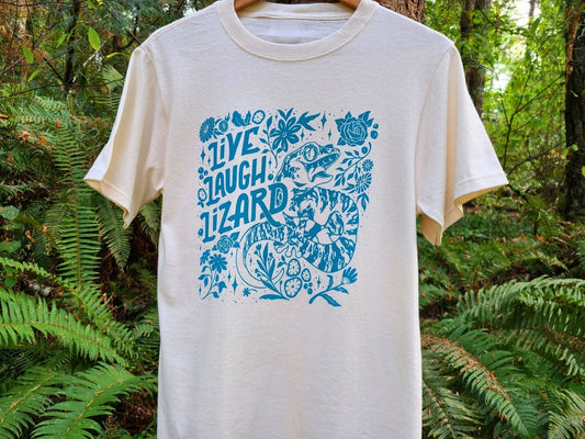 Live Laugh Lizard Shirt: Funny Reptile T-Shirt – Gift for Lizard Lovers – Cream Shirt with Peacock Blue Ink