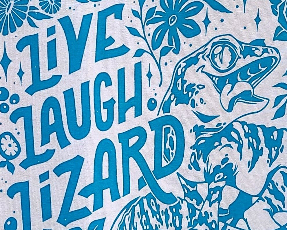 Live Laugh Lizard Shirt: Funny Reptile T-Shirt – Gift for Lizard Lovers – Cream Shirt with Peacock Blue Ink