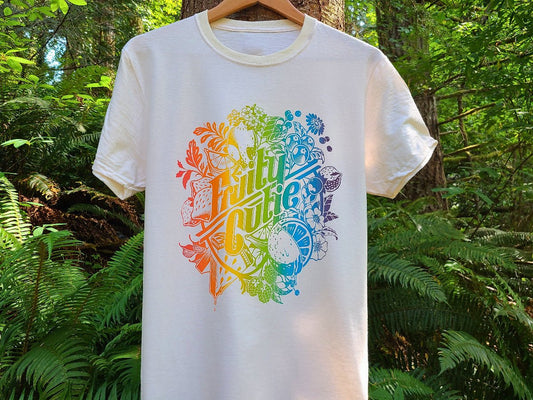Rainbow ombre fruit graphic t-shirt, hand-drawn design, cream t-shirt