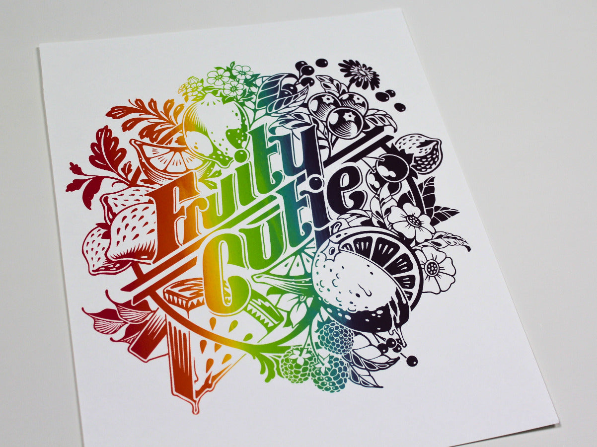 Rainbow ombre fruit art print, hand-drawn design, screenprinted on French Paper