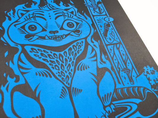 Blue illustration of Kpop Demon Hunters Derpy Tiger with a detailed background on black paper. 