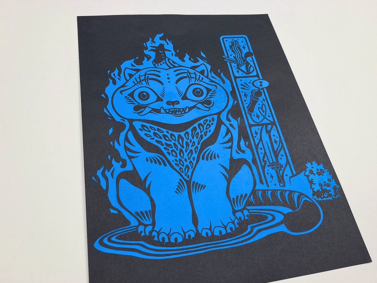 Blue illustration of Kpop Demon Hunters Derpy Tiger with a detailed background on black paper. 