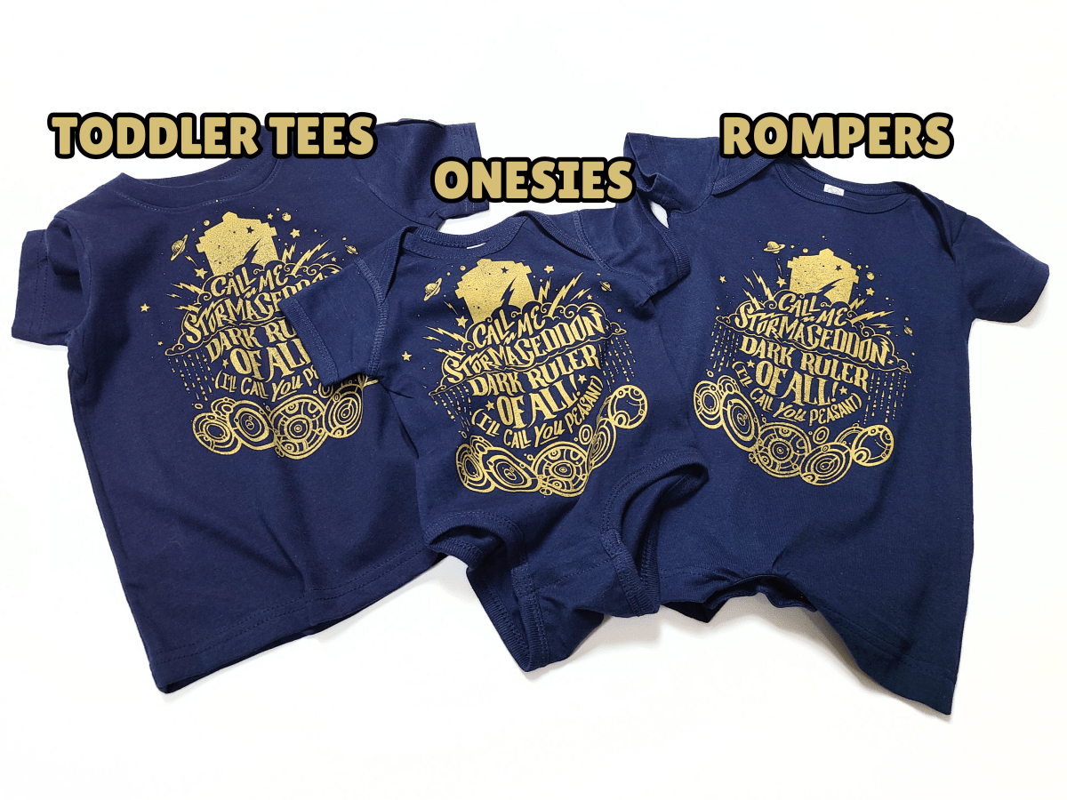 Blue children's clothing with gold text on a white background