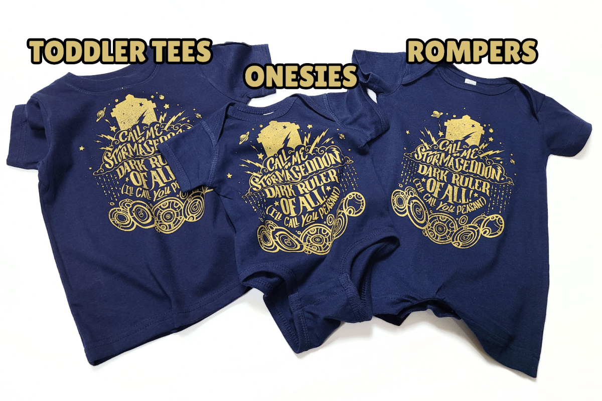 Blue children's clothing with gold text on a white background