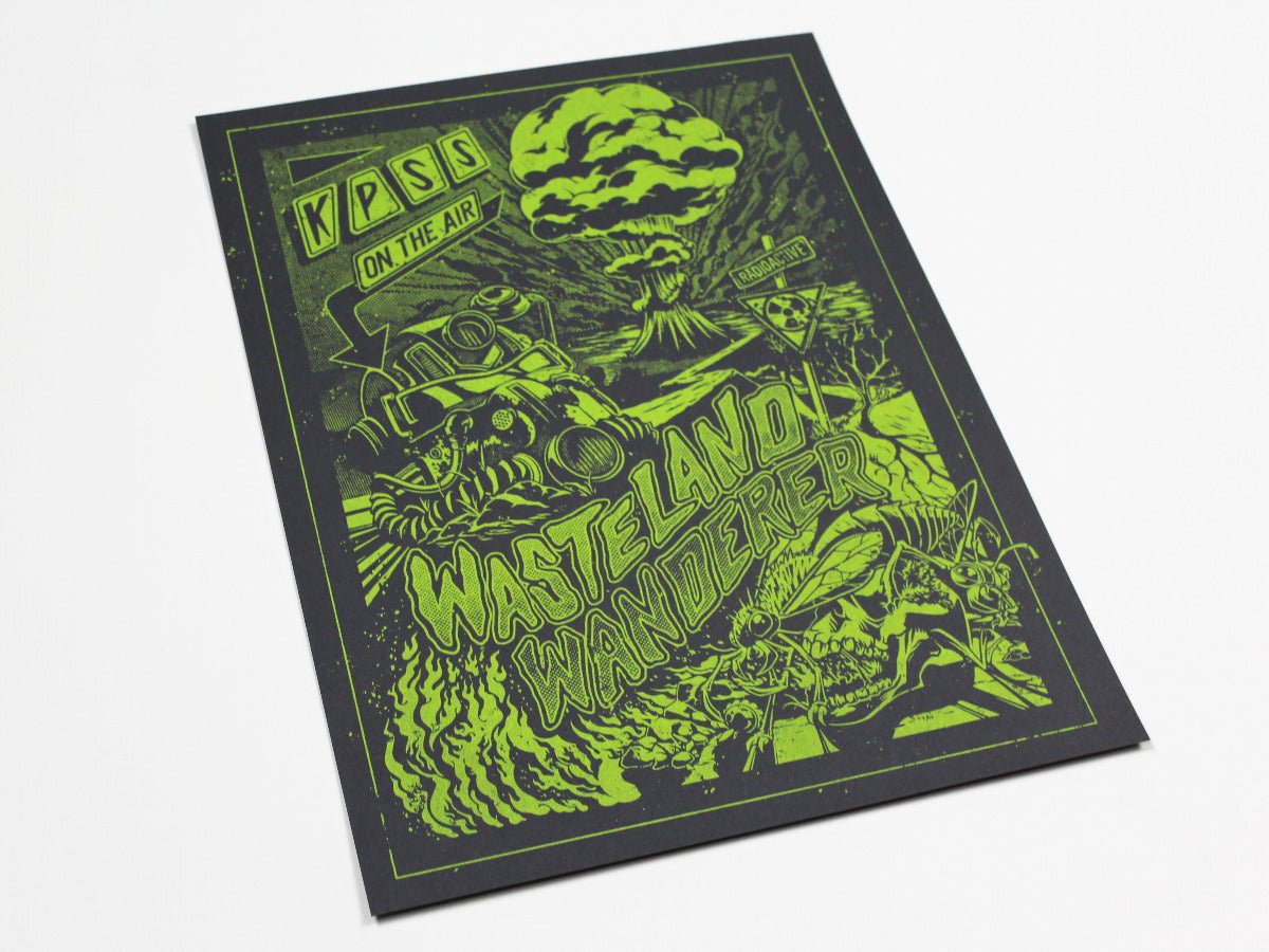Poster with green text and graphics on a black background