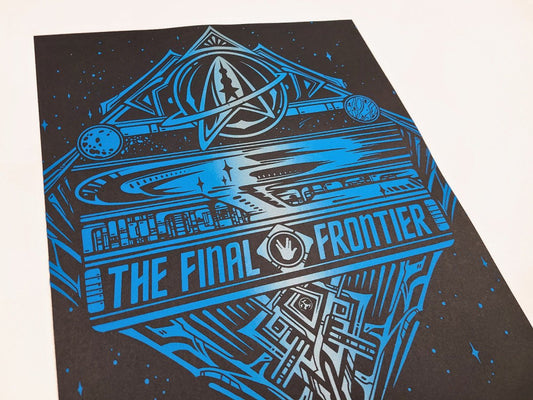 Decorative poster with 'The Final Frontier' design in blue on a black background