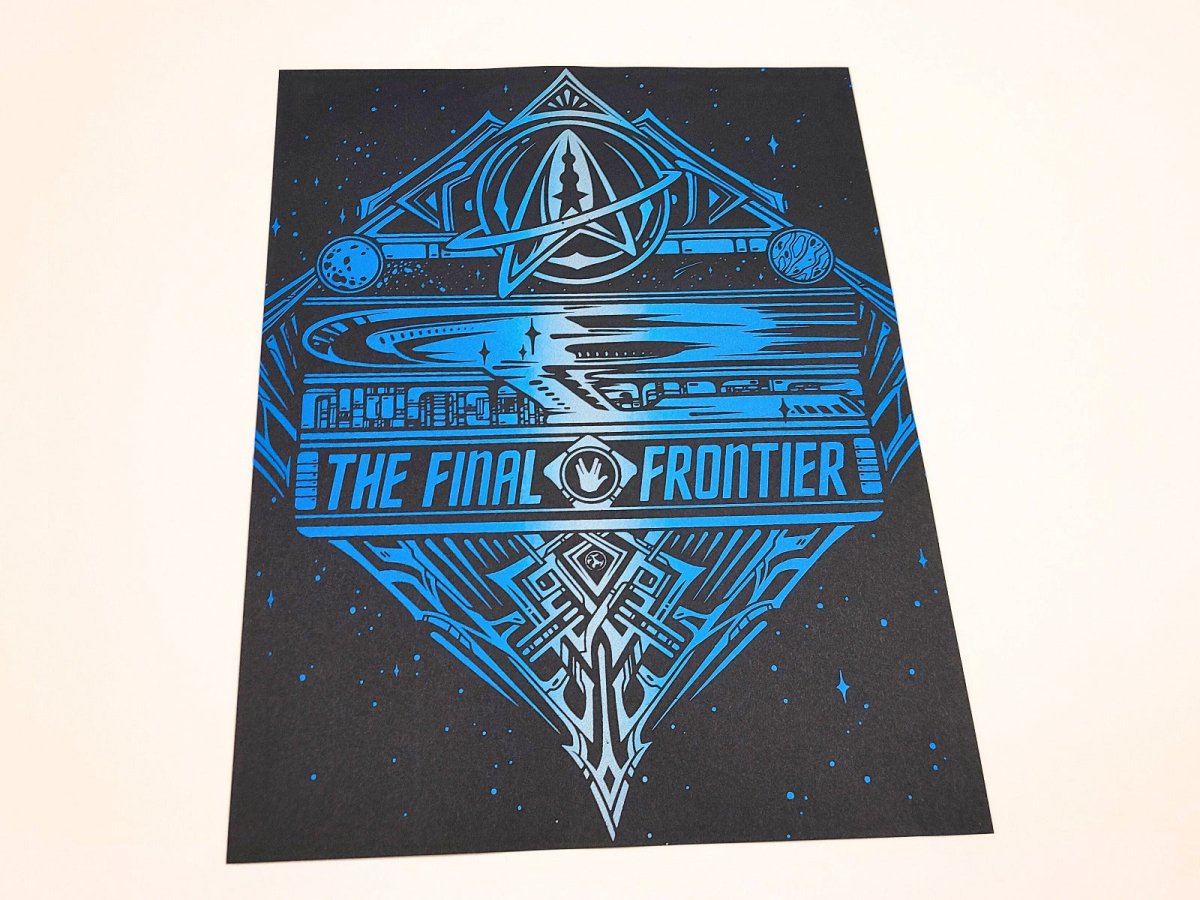 Black poster with blue graphic design and 'The Final Frontier' text on a beige background