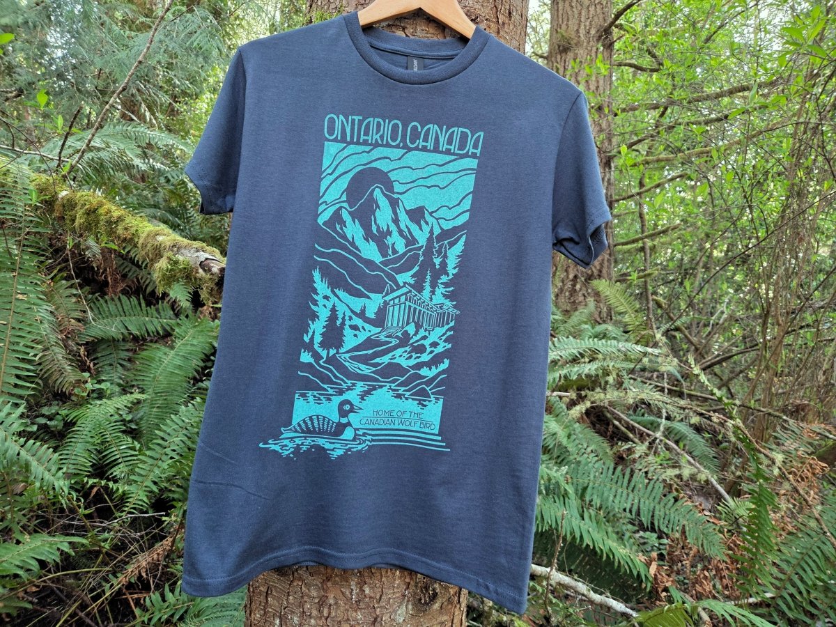 Subtle Heated Rivalry Ontario Cottage Vintage Travel Poster T-Shirt | Hand Screen Printed Fandom Tee | Dusty Blue