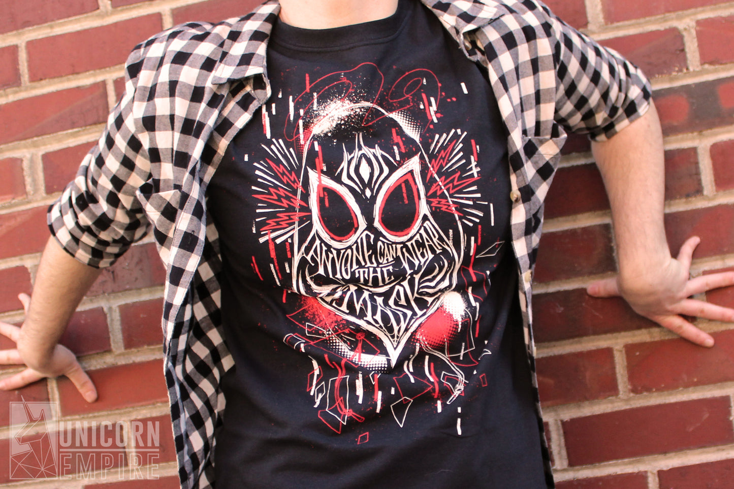 Anyone Can Wear the Mask Spider-Man t-shirt, red and white print on black cotton