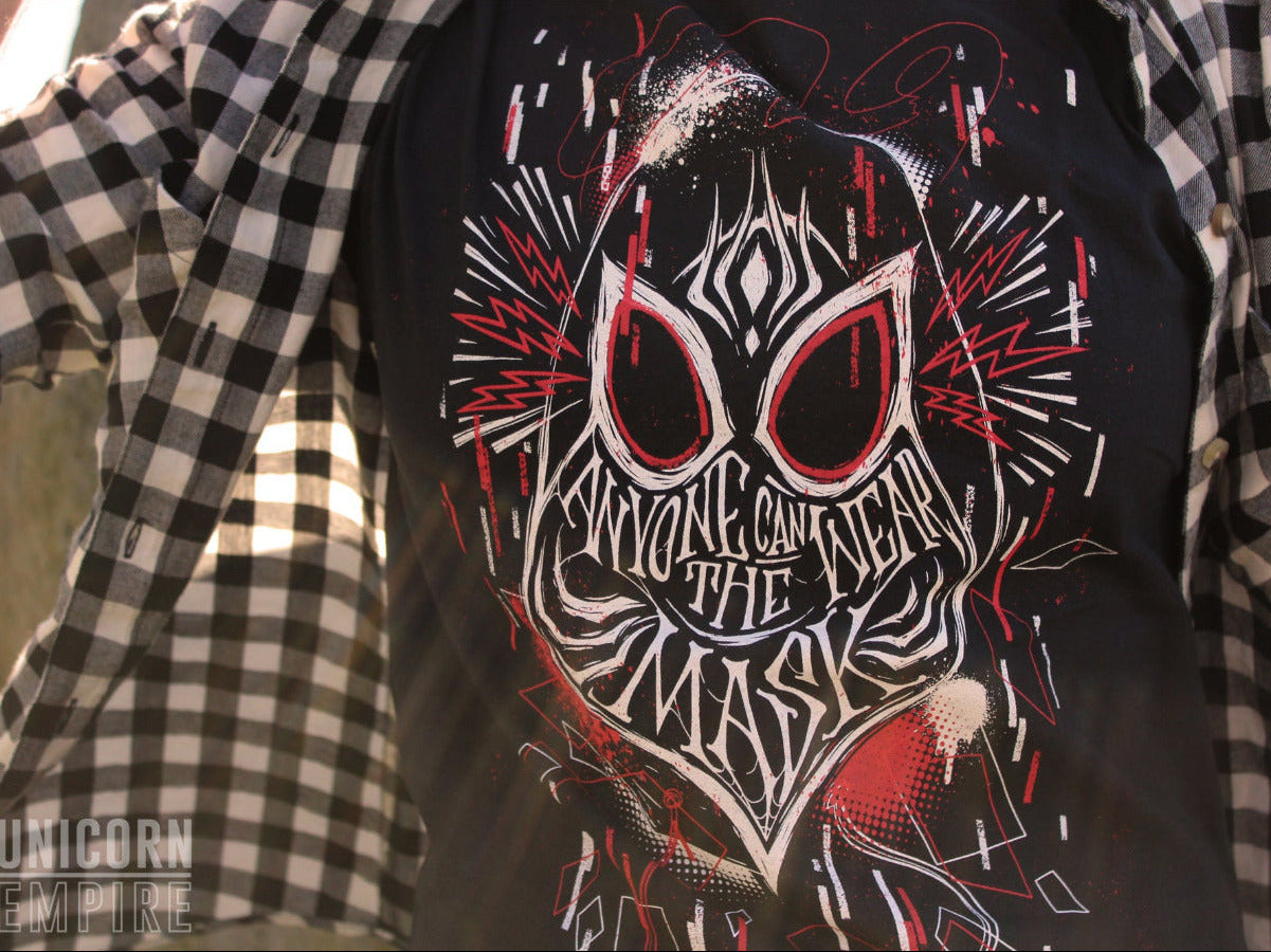 Anyone Can Wear the Mask Spider-Man t-shirt, red and white print on black cotton