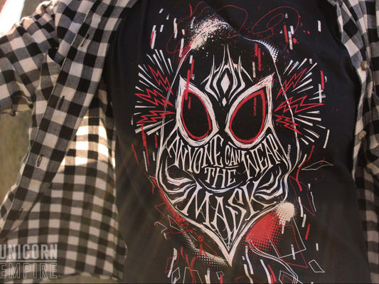 Anyone Can Wear the Mask Spider-Man t-shirt, red and white print on black cotton