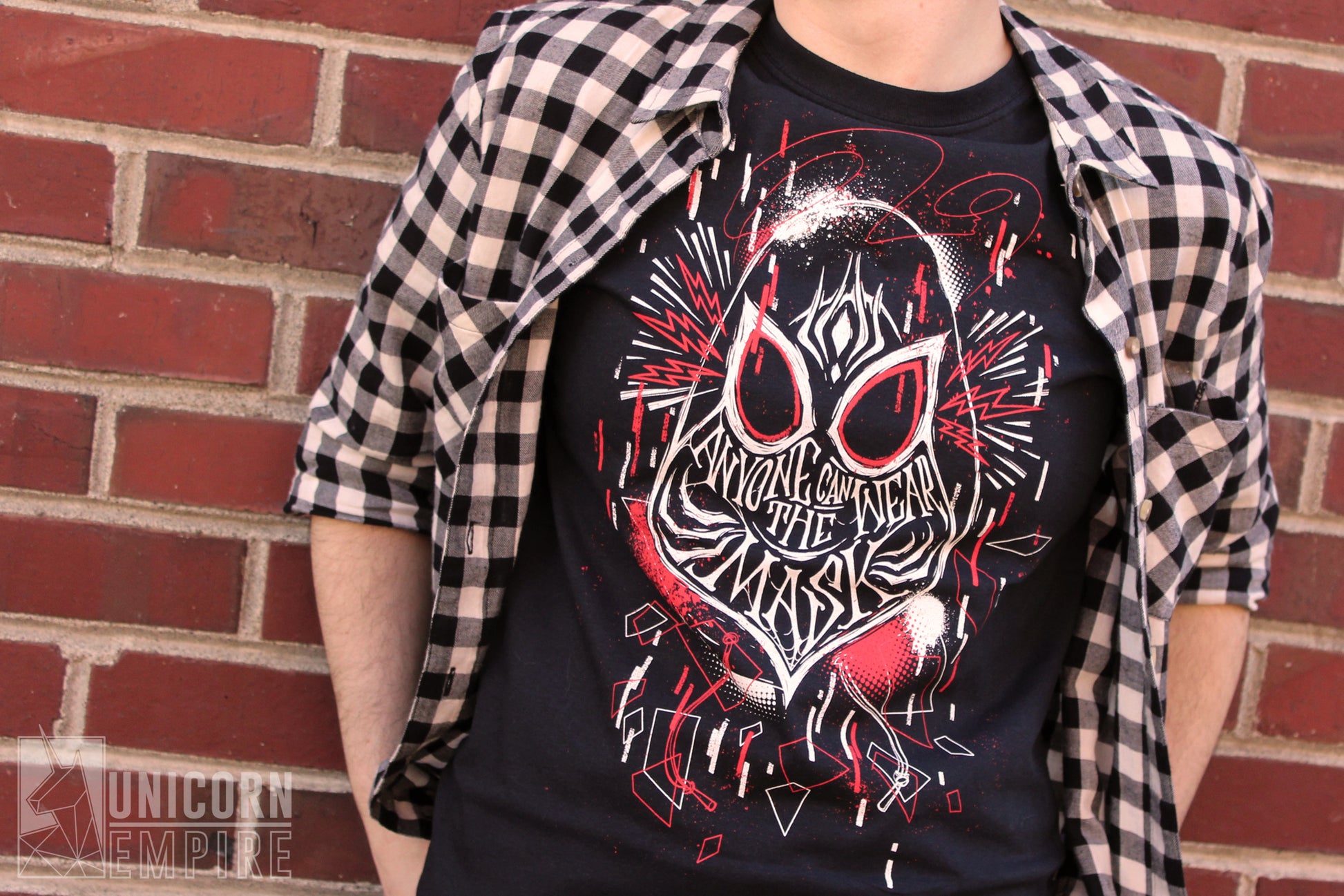 Model wearing Anyone Can Wear the Mask Spider-Man t-shirt