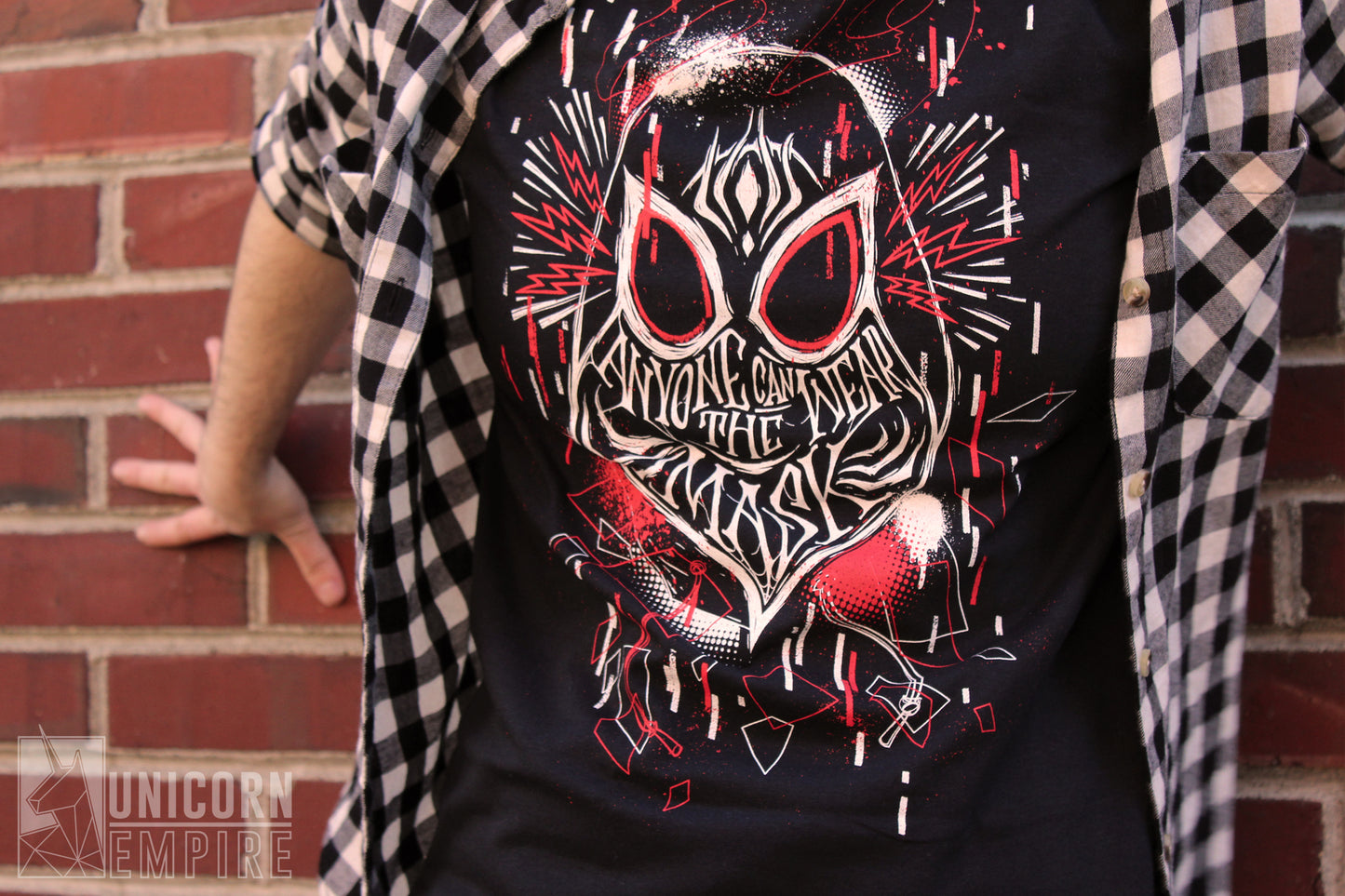 Model wearing Anyone Can Wear the Mask Spider-Man t-shirt