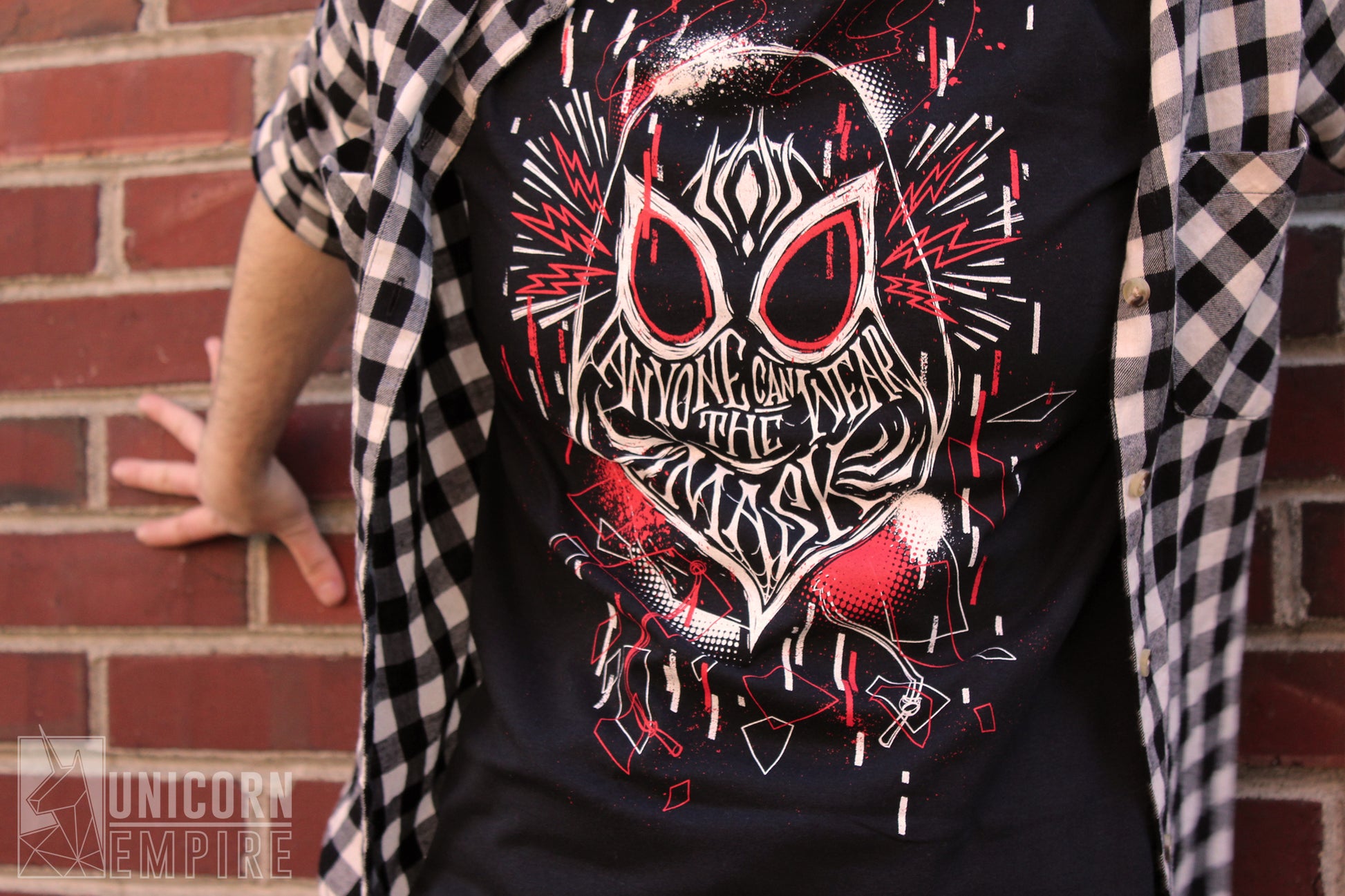Model wearing Anyone Can Wear the Mask Spider-Man t-shirt