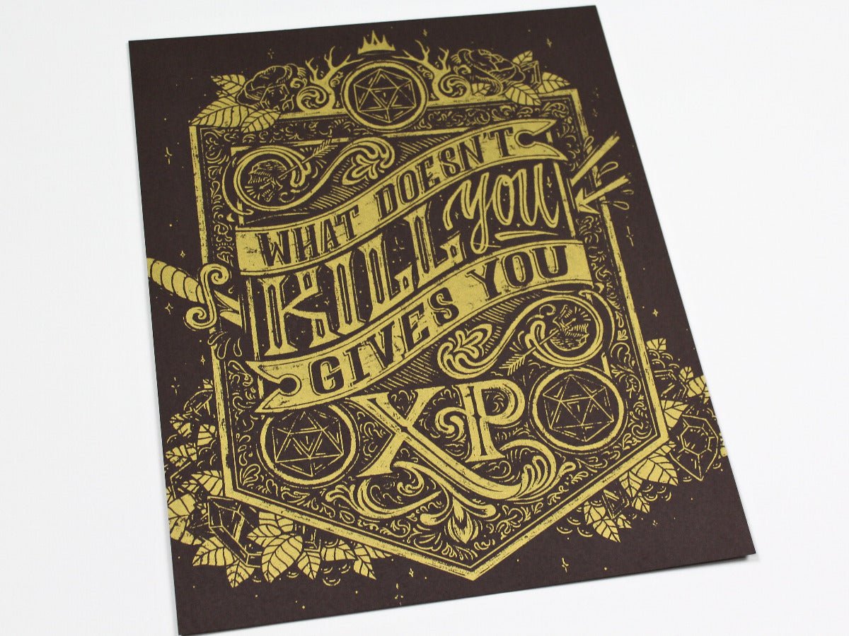 Poster print with gold text and designs on a dark brown background