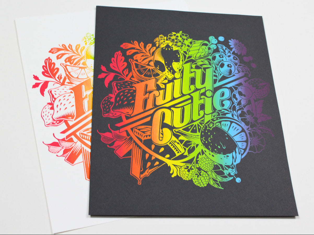 Rainbow ombre fruit art print, hand-drawn design, screenprinted on French Paper