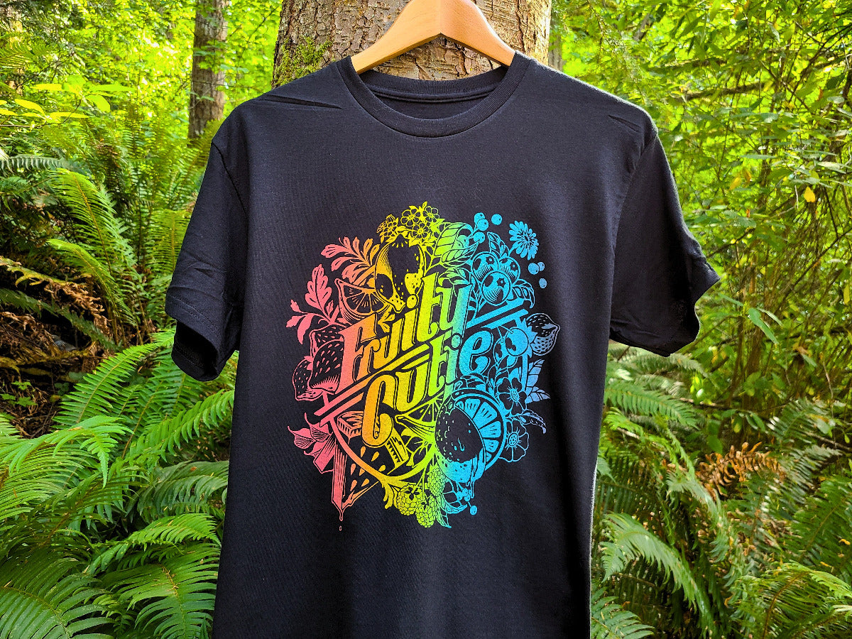 Rainbow ombre fruit graphic t-shirt, hand-drawn design, black t-shirt