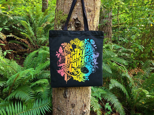 Rainbow ombre fruit graphic tote bag, hand-drawn design, black canvas
