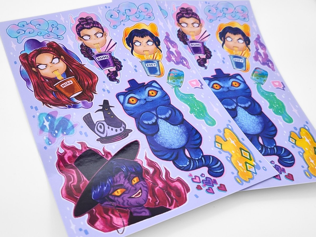 Sheet of colorful stickers featuring kpop demon hunters and derpy tiger on a light purple background.