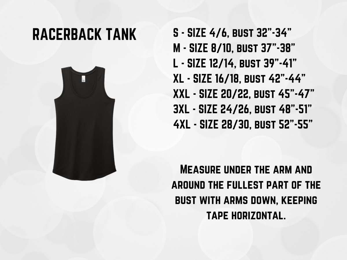 Black racerback tank with size chart on a light gray background