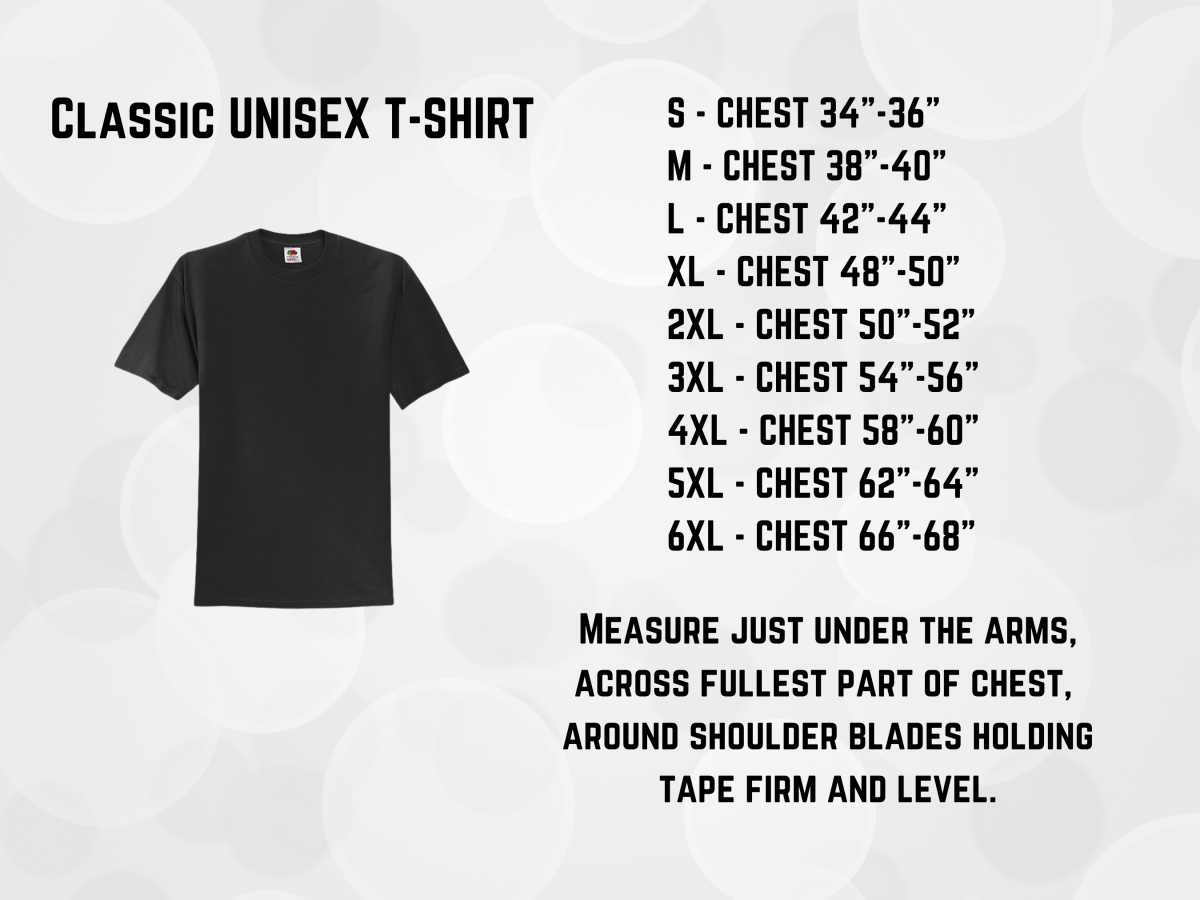 Black t-shirt with size chart on a light gray background