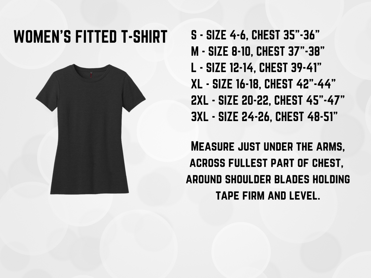Black women's fitted t-shirt with size chart on a white background